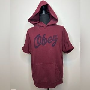 Obey Logo Maroon Cut Off Short Sleeve Hoodie